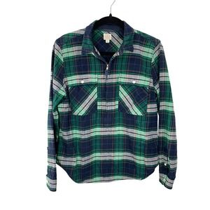 J.Crew Plaid Flannel 1/2‎ Zip Shirt Womens Small Green Navy Blue Long Sleeve Top